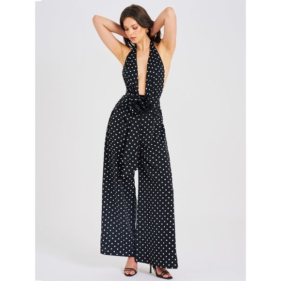 Oriana Black Polka Dots Halter Jumpsuit - Picture 3 of 16